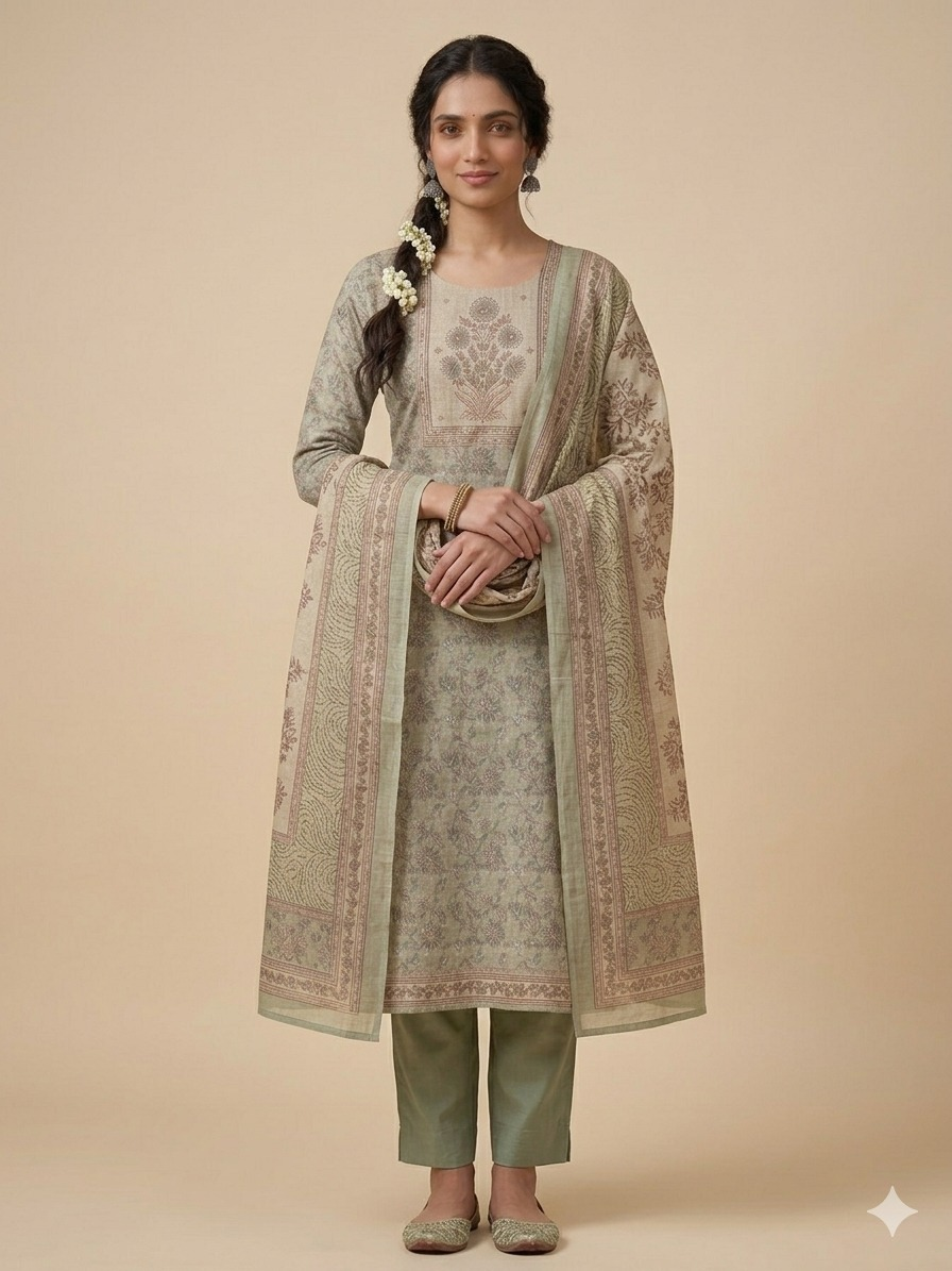 Floral Linen Cotton Suit Set with Hand Embroidery