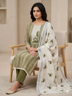 Elegant Linen Cotten Suit Set - Mehndi green