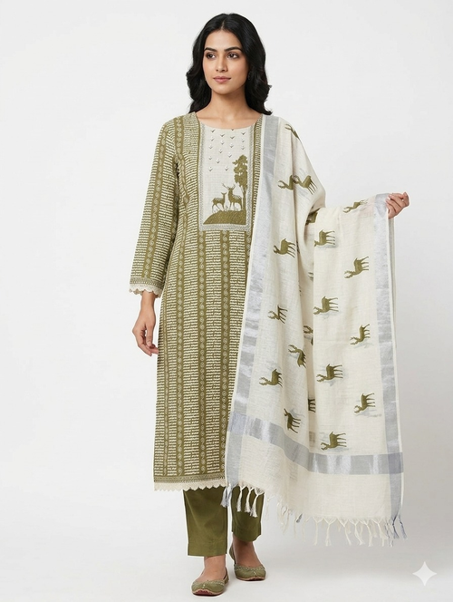 Elegant Linen Cotten Suit Set - Mehndi green