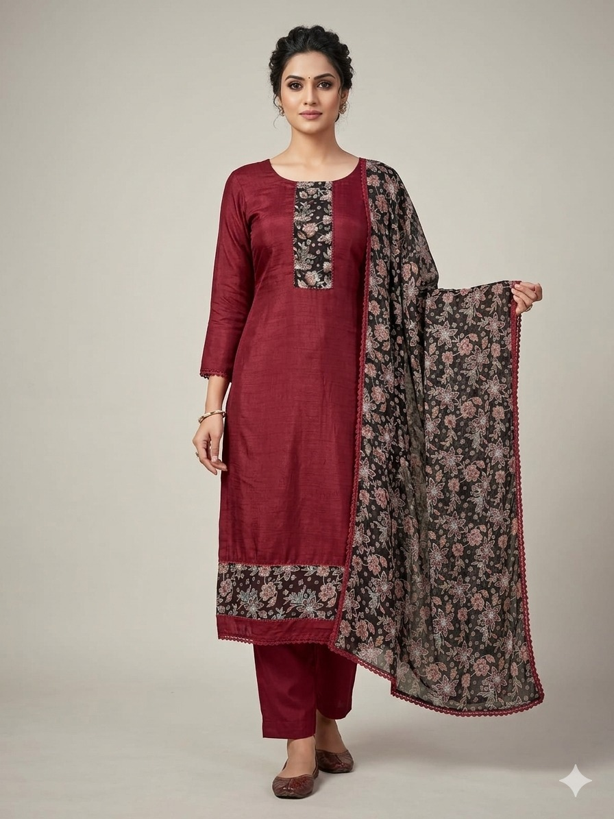 Elegant Vichitra Silk Suit Set - brownish Maroon