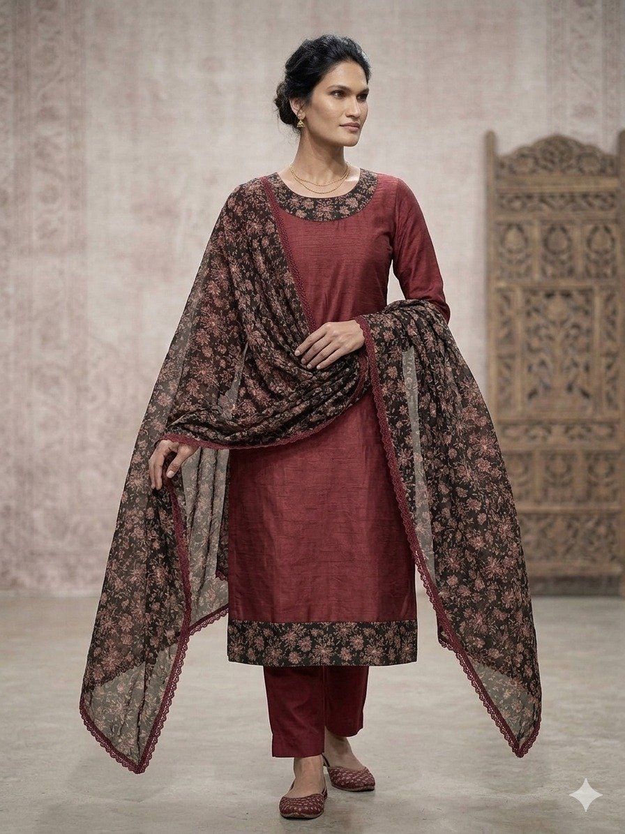 Elegant Vichitra Silk Suit Set - brownish Maroon
