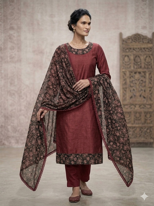 Elegant Vichitra Silk Suit Set - brownish Maroon