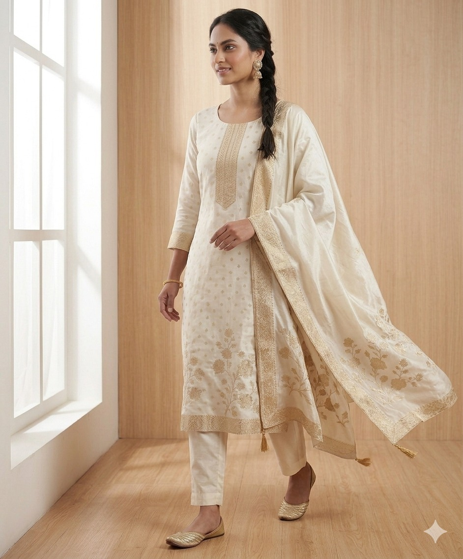 Premium Banarasi Crepe Silk Suit Set - off white