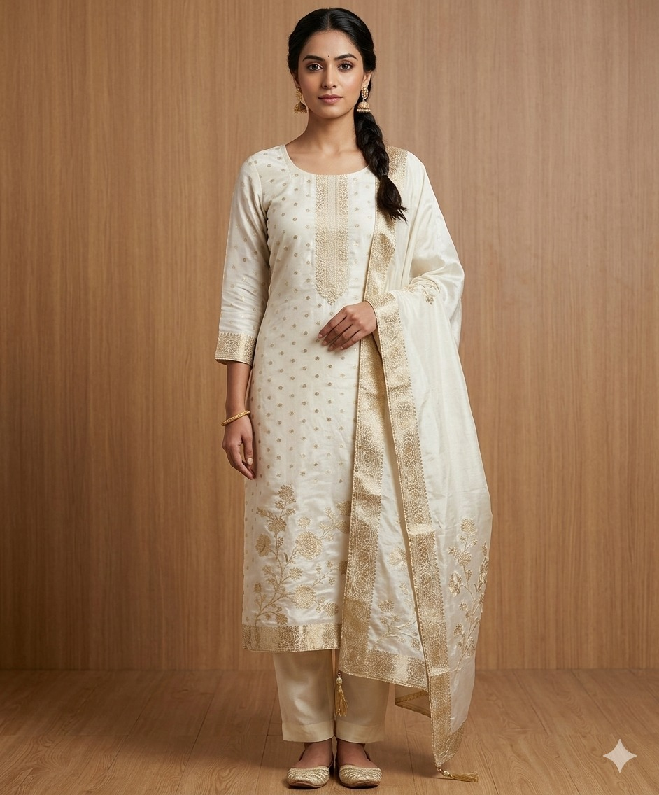 Premium Banarasi Crepe Silk Suit Set - off white