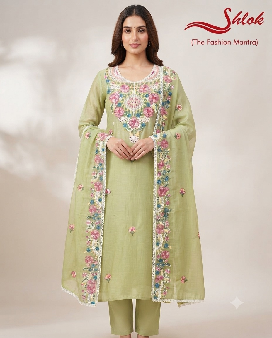 Premium Mal Chanderi Embroidered Suit Set