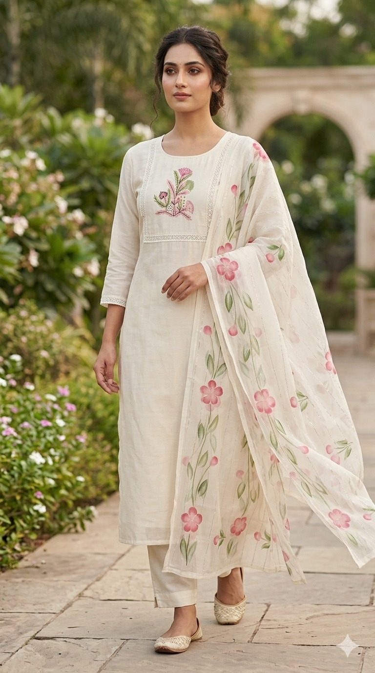 Muslin Silk Suit Set with Hand Work & Floral Dupatta