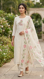 Muslin Silk Suit Set with Hand Work & Floral Dupatta
