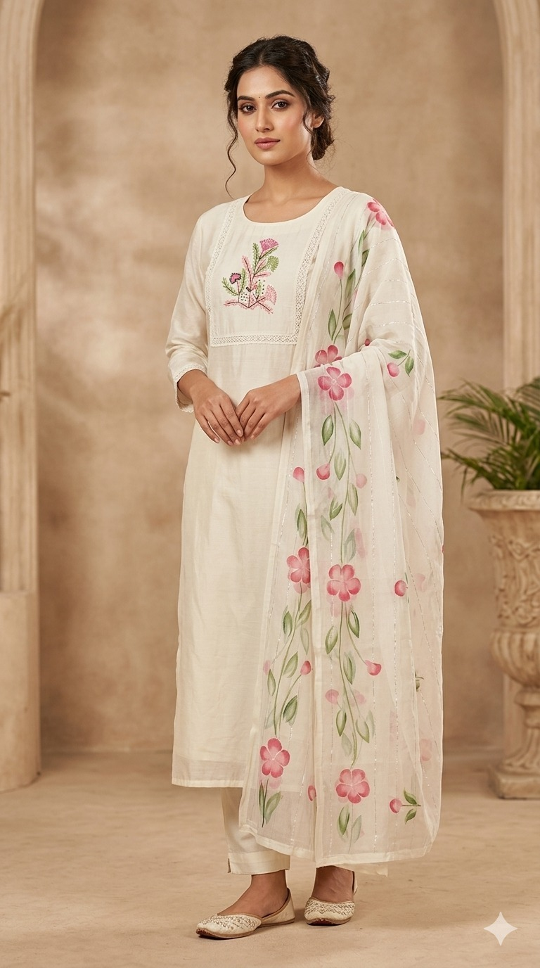 Muslin Silk Suit Set with Hand Work & Floral Dupatta