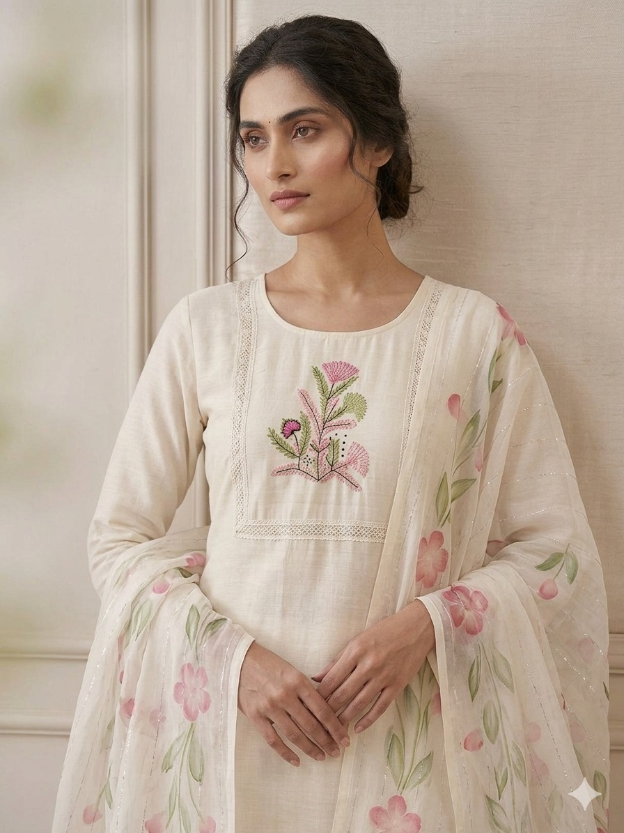 Muslin Silk Suit Set with Hand Work & Floral Dupatta
