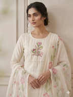 Muslin Silk Suit Set with Hand Work & Floral Dupatta