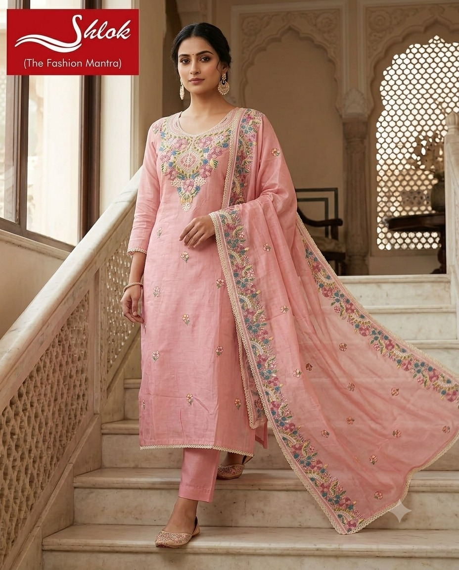Premium Mal Chanderi Embroidered Suit Set