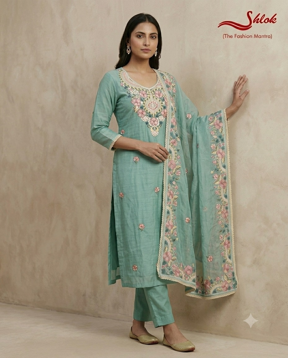 Premium Mal Chanderi Embroidered Suit Set