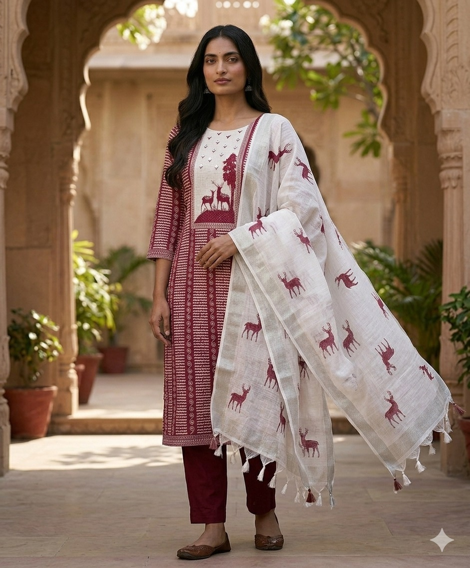 Elegant Linen Cotten Suit Set - Maroon