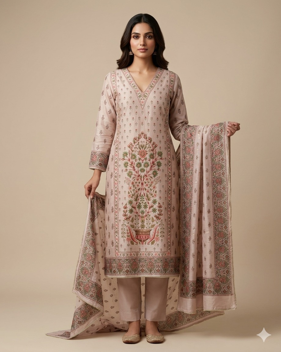 Premium Banarasi Silk French Knot Embroidered Suit Set