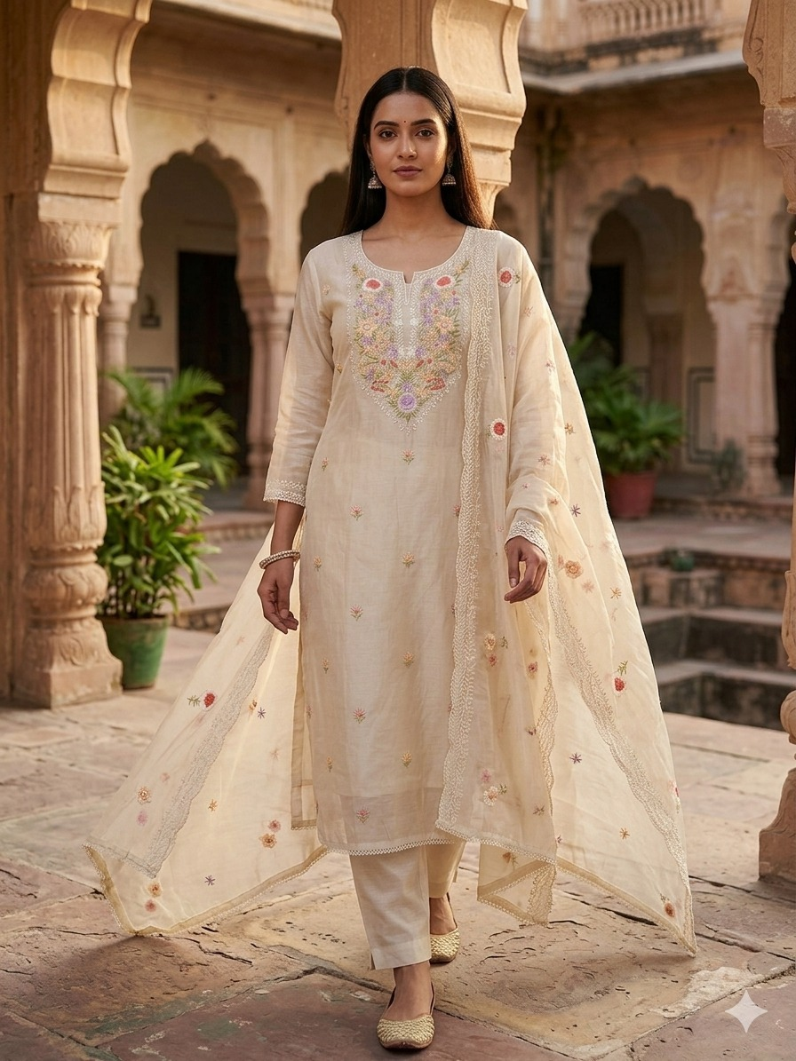 Premium Mal Chanderi Kashmiri Embroidered Suit Set